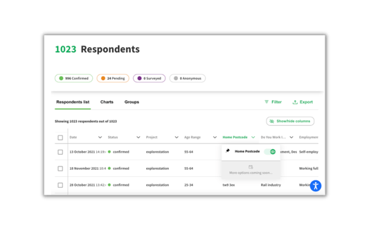 Dashboard 2.0 respondents table